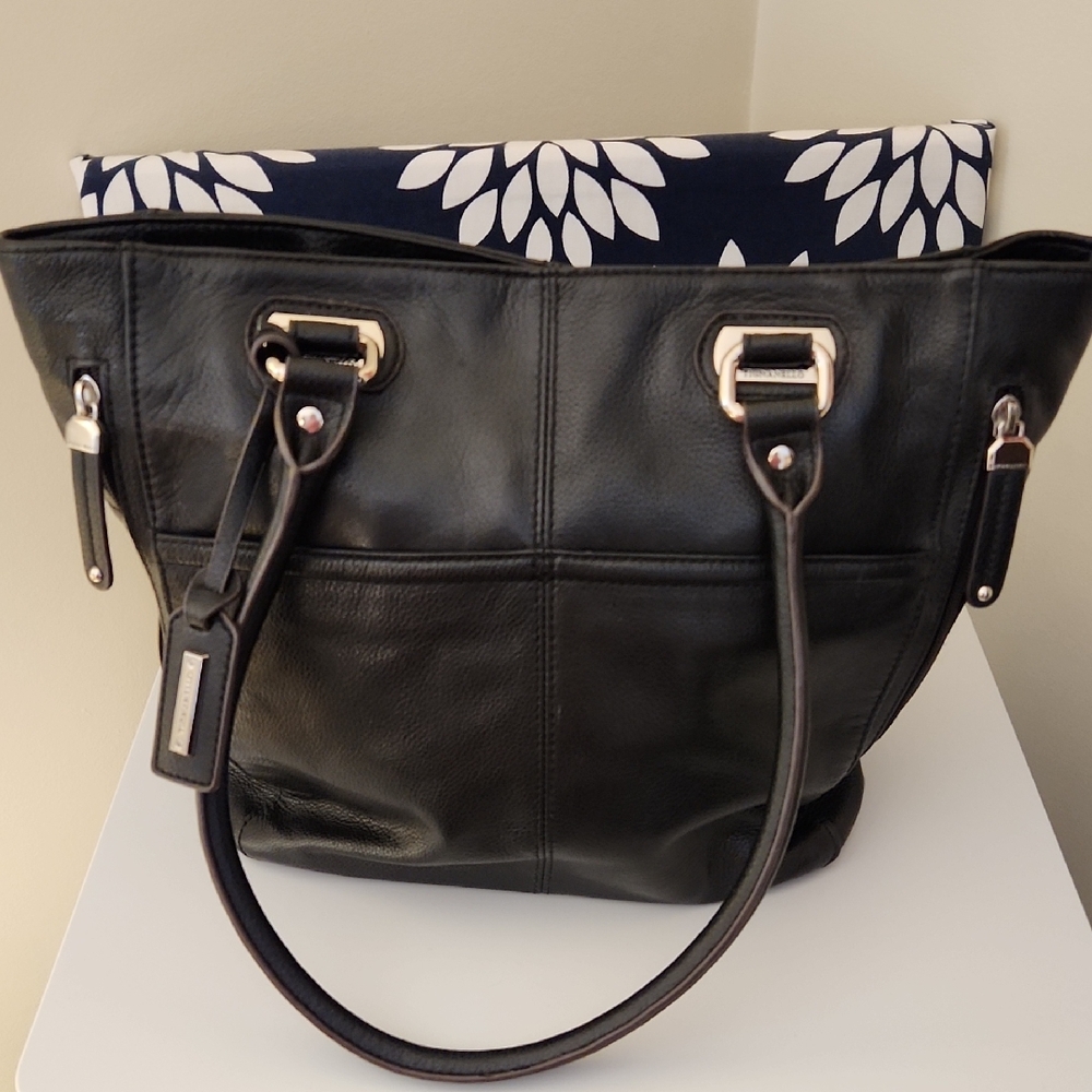 Tignanello Black Pebbled Leather Black Handle Tote Bag